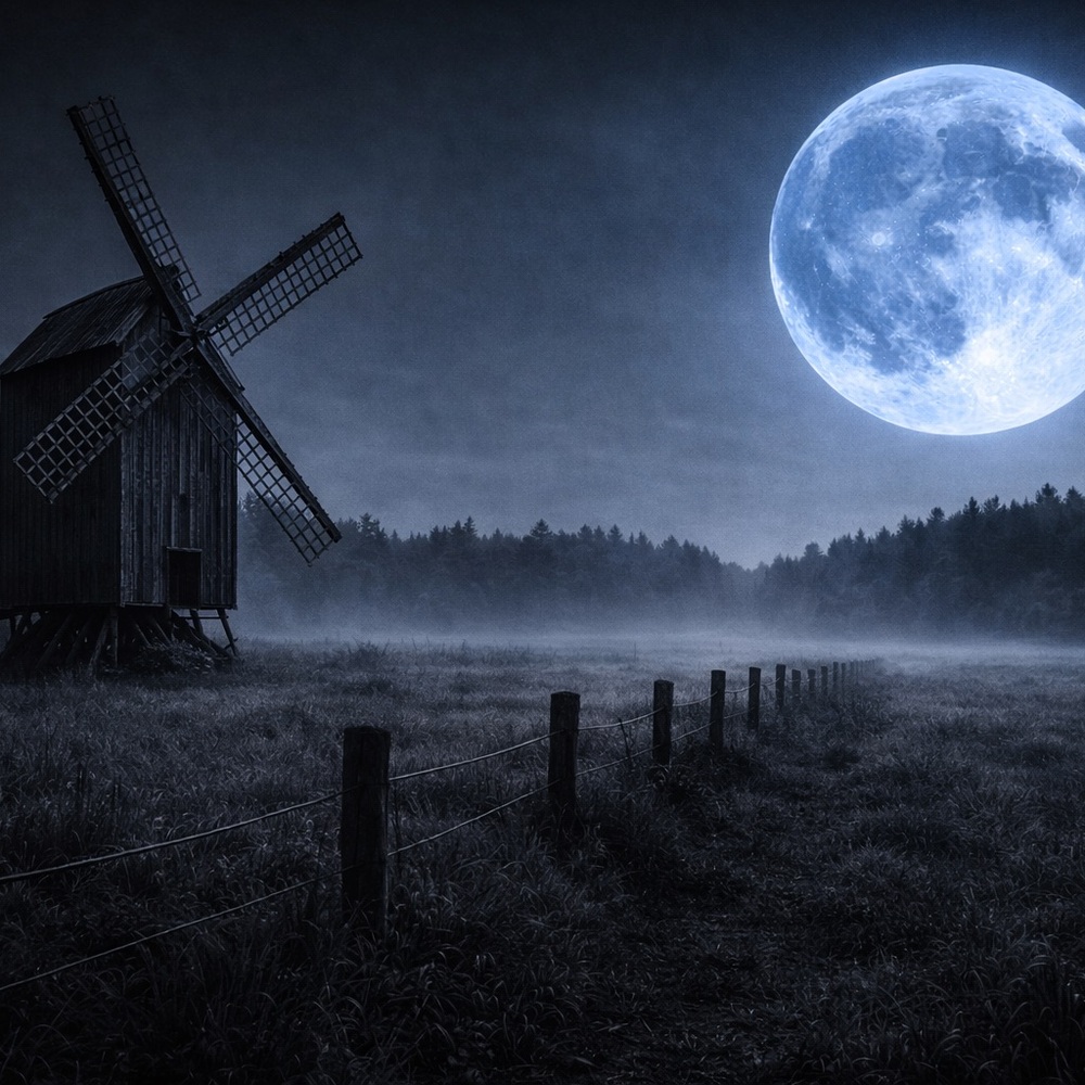 Mystical Blue Moonlit Windmill Art Print 8x10 Glossy